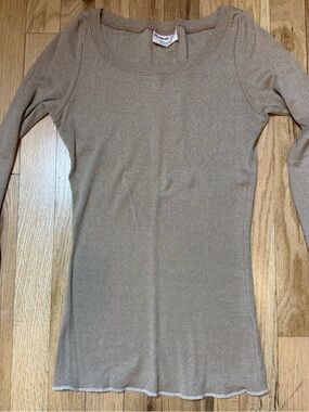 Michael Stars Shine Taupe Long Sleeve  Form Fitted Scoop Neck Top One Size